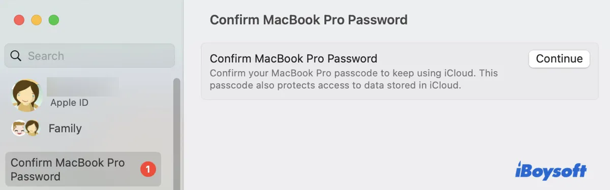 Confirmar la contraseña de MacBook Pro para seguir usando iCloud